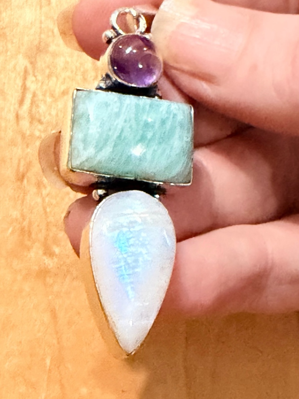 Multi-Stone Pendant w/Moonstone, Amazonite & Amethyst - 925 Plated/Stamped